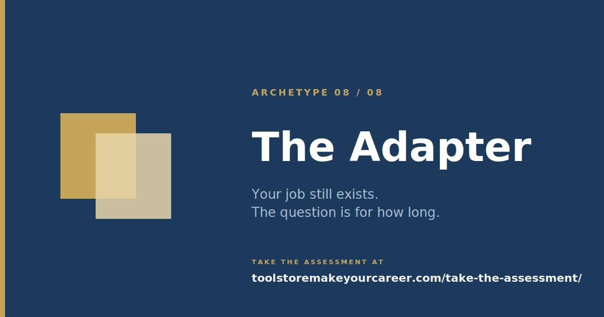 The Adapter archetype card: two overlapping rectangles morphing on navy, title The Adapter and tagline Your job still exists. The question is for how long.