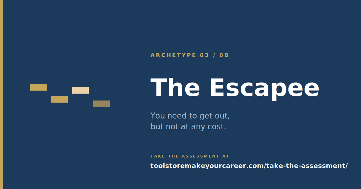 The Escapee archetype card: scattered rectangle fragments on navy, title The Escapee and tagline You need to get out, but not at any cost.